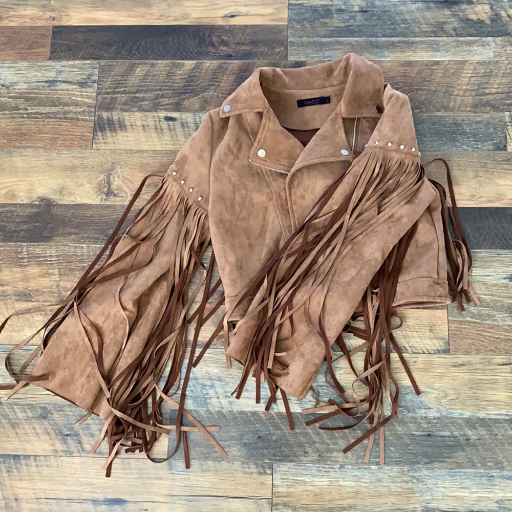 Tan suede tassel jacket with studs